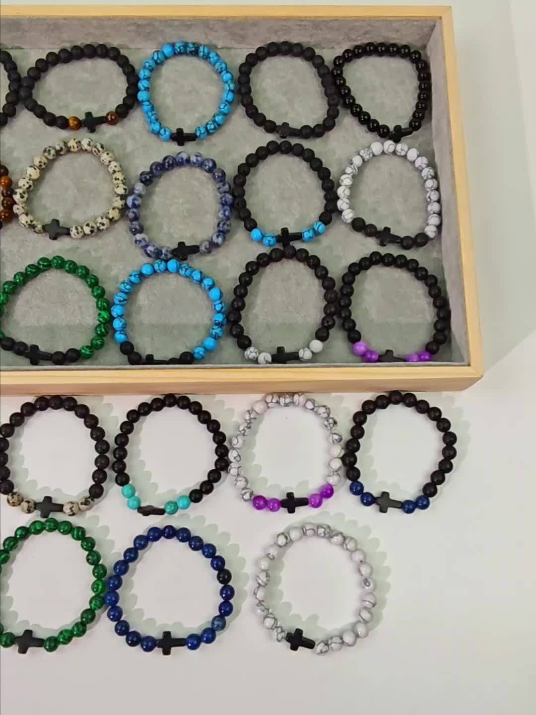 Couple Cross Bracelet, 8mm Black and White Stones